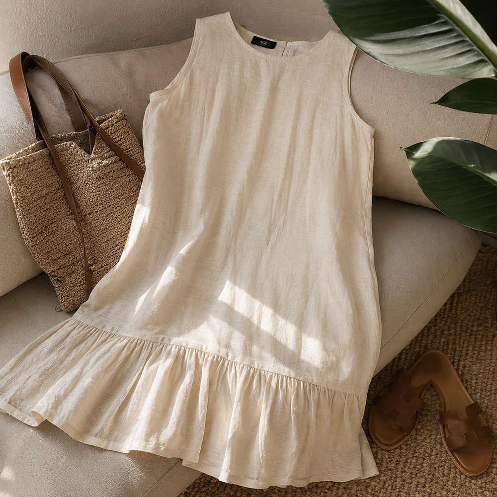 Beige Textured Sleeveless Ruffle Hem‎ Shift Dress L Classic Capsule Quiet Luxury